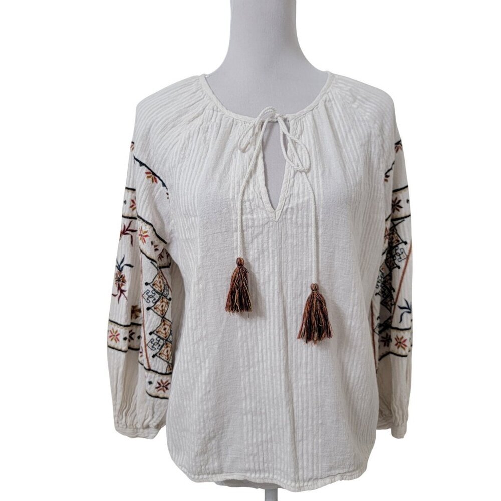 Zara Size M Off White with Boho Embroidery Keyhole-Tie Front Peasant Top, Blouse